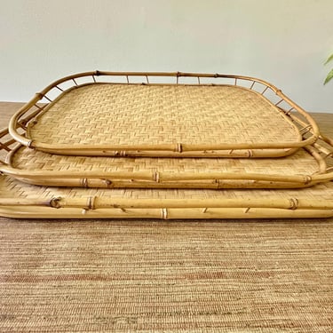 Vintage Woven Rattan Bamboo Trays - Set of 3 