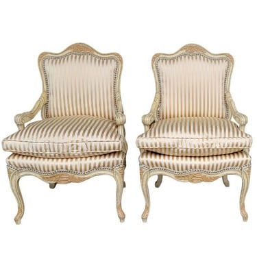 Pair Bergere Louis XV Painted Wood Chairs 