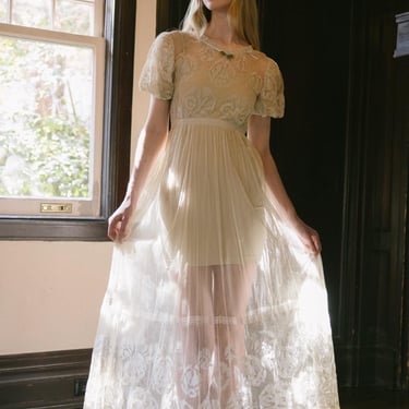 Rare antique 1900s appliqué net puff sleeve garden tea wedding dress XS 