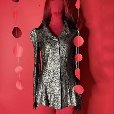 Vintage Metallic Lace Gothic Blouse • Annett Rostel Germany • Silver Black Long Sleeve Top • Romantic Punk Evening Wear 