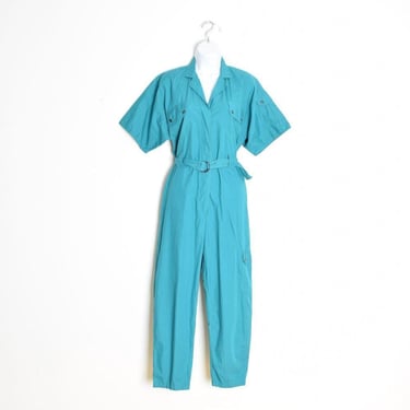 vintage 80s flight jumpsuit teal cotton one piece outfit romper pantsuit M 