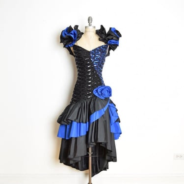 vintage 80s prom party dress blue black sequin ruffle hi-lo cha cha tiered L 