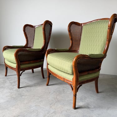 Vintage Coastal Hollywood Regency Style Ethan Allen Faux Bamboo & Cane Wingback Bergère Chairs – A Pair 