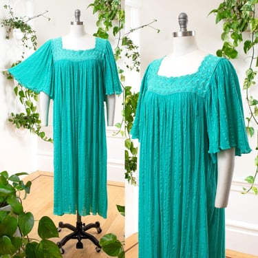 Vintage 1980s 1990s Dress | 80s 90s Green Cotton Gauze Angel Sleeve Trapeze Greek Tent Day Dress | large/x-large 