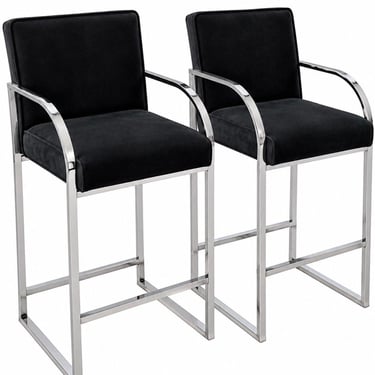Pair Milo Baughman Velvet and Chrome Bar Stools, 1970