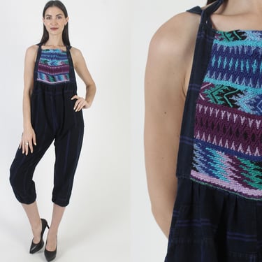 Navy Cotton Guatemalan Jumpsuit, Vintage Embroidered Batik Playsuit, Overalls With Pockets, Ethnic Mexican Coveralls 
