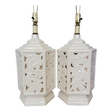 Faux Bamboo Reticulated Ceramic Coastal Table Lamps 