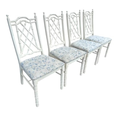 Set of 4 Vintage Faux Bamboo Dining Chairs - Hollywood Regency Fretwork Palm Beach Furniture 