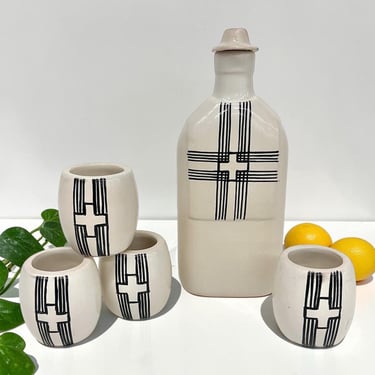 Vintage Decanter and Shot Glass Set Retro 1990s Contemporary + Stoneware + White/Black + Abstract + Set of 5 + Drinking + Alcohol Storage 
