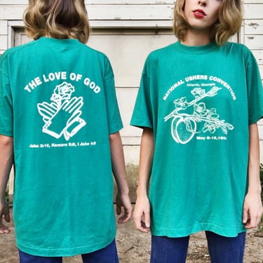 Vintage 1994 Teal Green Atlanta Georgia National Ushers Convention Peach + Cherokee Rose T-Shirt L 
