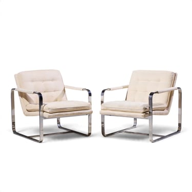 Milo Baughman Style Mid Century Chrome Lounge Chairs - Pair - mcm 