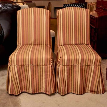Pair of Mustard & Orange &  Sage Green Stripe Slipper Dining Chairs with Skirt