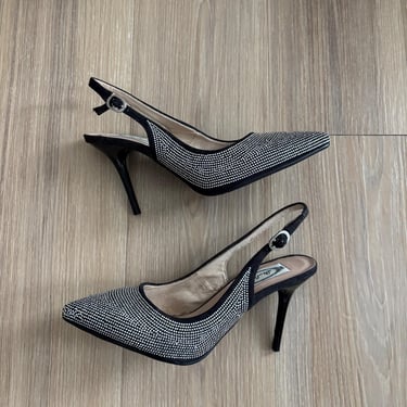 Vintage Italina Diamant&eacute; Heels Black Silver Pumps Slingback Womens 7 Glam Party 