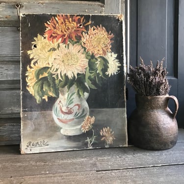 19th C French Floral Oil Painting, Signed, Flowers, Vase, Chrysanthemums, Still Life, Unframed Canvas, Original Artwork, Damages 