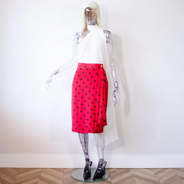 Vintage 1980s Dior Red Silk Polka Dot Draped Midi Skirt UK 10-12/US 6-8 