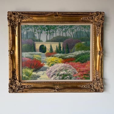 1993 Joe Yu Impressionist Garden Entrance Landscape Oil on Canvas Painting – Framed 