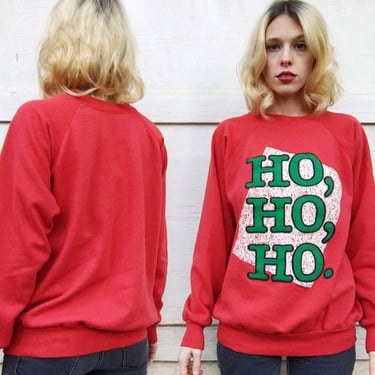 Vintage 80s Sun Sportswear Red + Green Santa Ho Ho Ho Christmas Crewneck Log Sleeve Sweatshirt L 