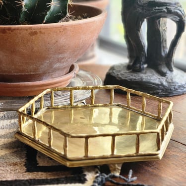 Small brass tray faux bamboo hexagon shape vintage 