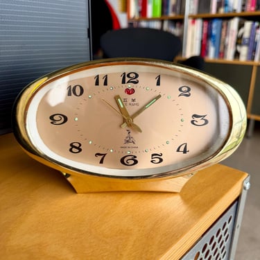 60s Five Rams Mechanical Alarm Clock Oval Desk Clock Space Age Atomic 