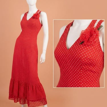 Vintage 1970s Red Polka Dot Ruffle Hem Formal Party Prom Maxi Dress With Matching Corsage Size XS/S 