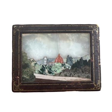 Vintage Leather Italian Pietra Dura Jewelry Box-Florentine Stone Mosaic Duomo Keepsake Box-Luxury Italian Decor 