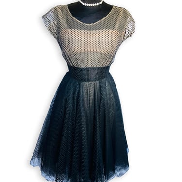 Vintage Nettie Rosenstein for Bonwitt Teller 1950's Nude Illusion Black Geometric Honeycomb Tulle Mesh Cocktail Dress - size XS Small 