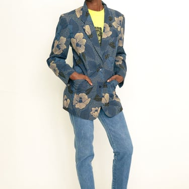 80s Kenzo Navy Blue Floral Printed Blazer