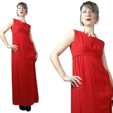 1960s Red Rayon Crepe Empire Waist Maxi Dress XS 