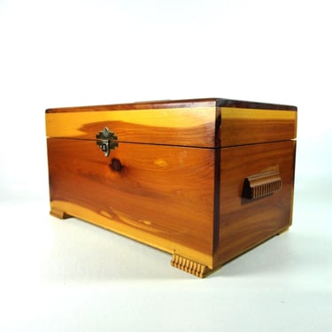 Art Deco Footed Cedar Chest: Vintage Dresser Top Box, Small Wooden Storage with Mirror, Desk Organizer 