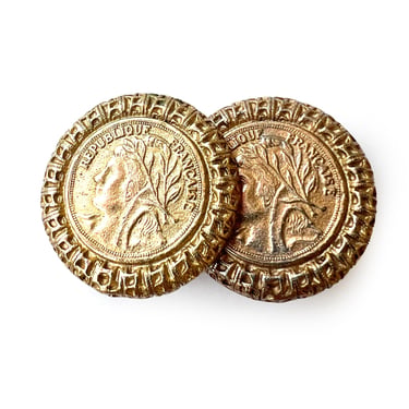 Carol Dauplaise Gold Tone Coin Earrings Republique Francaise / Clip On Earrings 