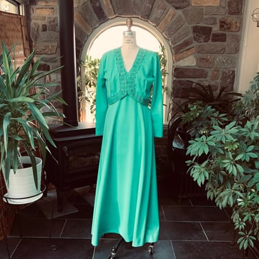Vintage 1970s Green Knit Maxi Dress Lace Rhinestone Jacket Mother of the Bride Miss Rubette 