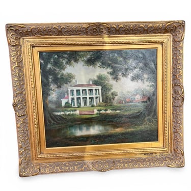 Signed Original Oil Painting: Plantation home Gilded Frame 