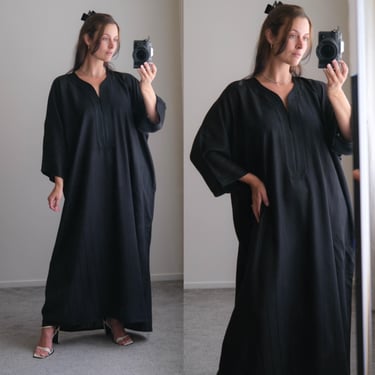 Vintage 70s Black Shadow Striped Moroccan Linen Gauze Kaftan Maxi Dress | 1970s 1980s Traditional Moroccan Throbe Bohemian Boho Caftan 