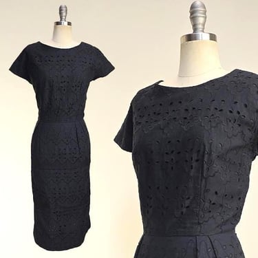 1960s Black Cotton Eyelet Lace Dress / 1960s Party Dress / Little Black Dress / Size Large 