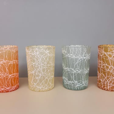 Vintage MCM Spaghetti String Juice Glasses | Set of 4 Pastel Tumblers | Retro Mid Century Shat-R-Pruf Drinkware | Color Craft Style Barware 