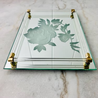 Vintage Art Deco Bar Mirror Tray, Mirrored Vanity Dresser Tray Cut Glass Rose pattern with Rod Rails,  Rectangular, 12