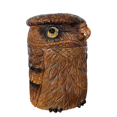 Antique Carved Burl Wood Owl Tobacco Jar Table Box Black Forest Style 19th Century 