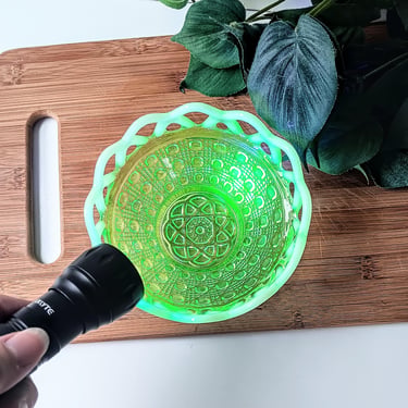 Imperial Uranium Glass Open Lace Opalescent Bowl/Button Sugar Cane Pattern/ 1960s/French Country Cottage Core 