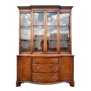 Vintage Mahogany China Cabinet - Lighted Glass Display Buffet Hutch - Traditional Carved Bow Front Dining Room Cabinet 