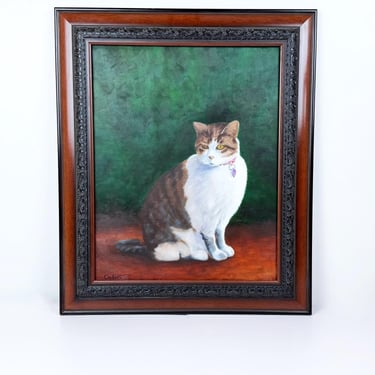 Vintage Original Cat Oil Painting in Ornate Wood Frame, Signed Pet Portrait Wall Art 