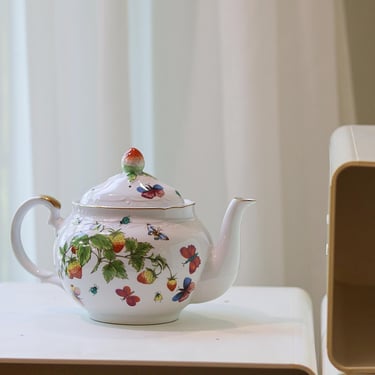 Vintage Lenwile Ardalt Teapot, Strawberries Butterflies Ladybugs, Gold Trim Porcelain Tea Pot, Ardalt Korea 