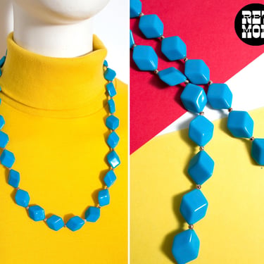 Unique Vintage 80s Blue Geometric Flat Cube Square Beaded Statement Necklace 
