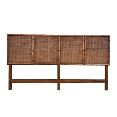 Vintage Faux Bamboo & Wicker King Headboard with by American of Martinsville - Coastal Brown Wood Natural Rattan Hollywood Regency Style 