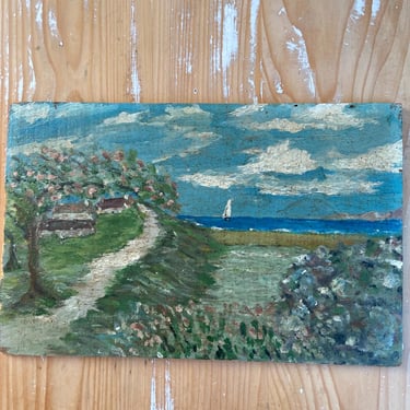 Beautiful vintage French oil painting of seasides on wood panel 