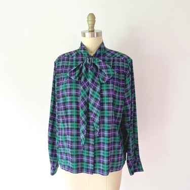Size 12 Evan-Picone Plaid Secretary Blouse Green Purple Bow Neck Vintage 80s 