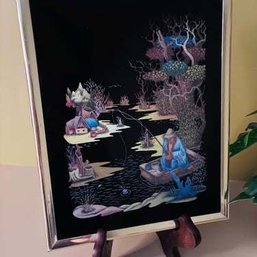 Vintage Kafka Industries Decorated Glass Wall Art Fisherman Scene #2691 1983 Framed Whimsical Black Glass Decor 