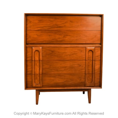 1960s Mid Century Vintage Lane Walnut and Burlwood Tall Five Drawer Dresser