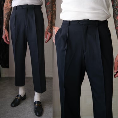Vintage 80s Italian Black Crepe Gabardine Cuffed Slacks w/ Jetted Pockets | Made in Italy | 1980s 1990s Italian Designer Mens Dress Pants 