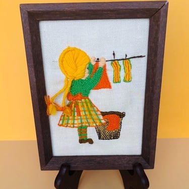 Vintage 1974 Sunset Designs Crewel Style Embroidery | Framed Folk Art Needlework | Dutch Girl Wall Art | Cottage Core Decor 