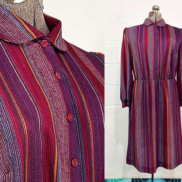 Vintage Fuchsia Striped Dress Stripe Long Sleeve Pink Maroon Burgundy Dopamine Secretary Day Dress Cute 1980s Large XL 